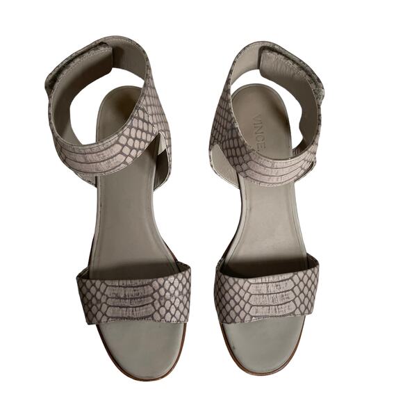 VINCE Josslyn Leather Snake Block Heel Ankle Strap Sandals Open Toe Gray 8 Italy - Picture 3 of 11